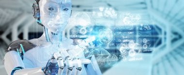 Dijital veriler arabirimi 3d rendering kullanarak bulanık arka plan üzerinde beyaz kadın cyborg