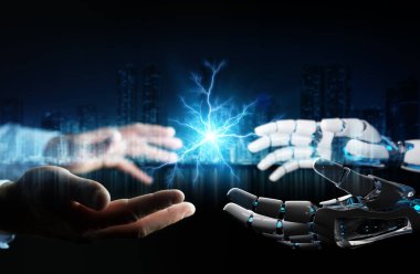 Robot el elektrik koyu arka plan 3d render üzerinde insan el ile oluşturma