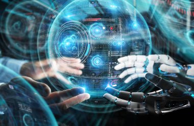 Robot ve insan el dijital küre koyu arka plan 3d render grafik arabirimde dokunmadan