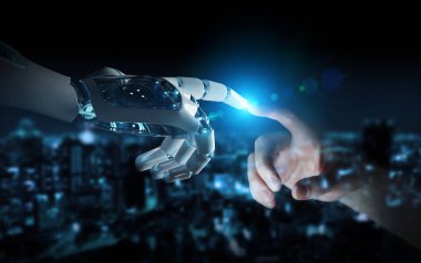 Robot el temas koyu arka plan 3d render üzerinde insan eli ile