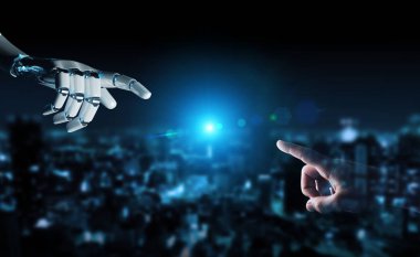 Robot el temas koyu arka plan 3d render üzerinde insan eli ile