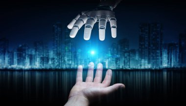Robot el temas koyu arka plan 3d render üzerinde insan eli ile