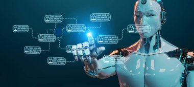 Kesmek ve özel siber veriler erişme bulanık arka plan üzerinde beyaz robot