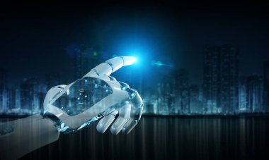 Akıllı robot makine işaret parmağı koyu arka planda 3d render