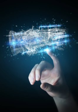 İşkadını tel kafes sanal 3d dijital projeksiyon bir Engine kullanarak arka plan bulanık üzerinde