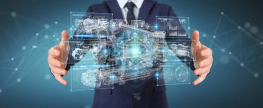 Max, bir motorun tel kafes sanal 3d dijital projeksiyon kullanarak arka plan bulanık üzerinde işadamı