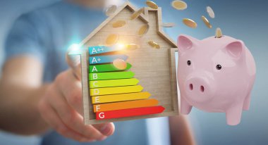 İşadamı iyi enerji grafik rating 3d render ile para tasarrufu bulanık arka plan üzerinde