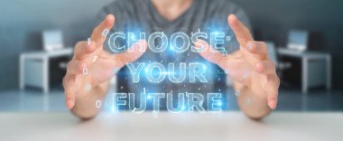 İşadamı gelecek metin arabirimi 3d rendering kullanarak arka plan bulanık üzerinde