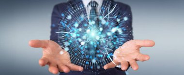 İşadamı dijital göz gözetim hologram 3B oluşturmayı kullanarak arka plan bulanık üzerinde