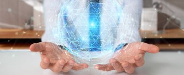 İşadamı dijital üçgen küre hologram 3d render patlayan kullanarak arka plan bulanık üzerinde