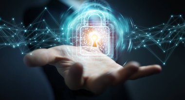 İşadamı dijital asma kilit ile veri koruma 3B oluşturmayı kullanarak arka plan bulanık üzerinde