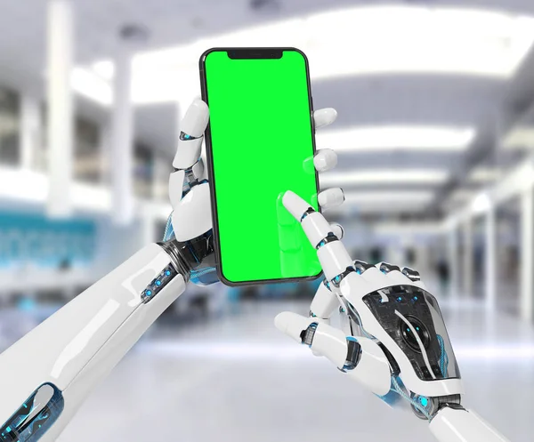 Branco Robô Mão Segurando Moderno Smartphone Mockup Escritório Fundo Renderização — Fotografia de Stock