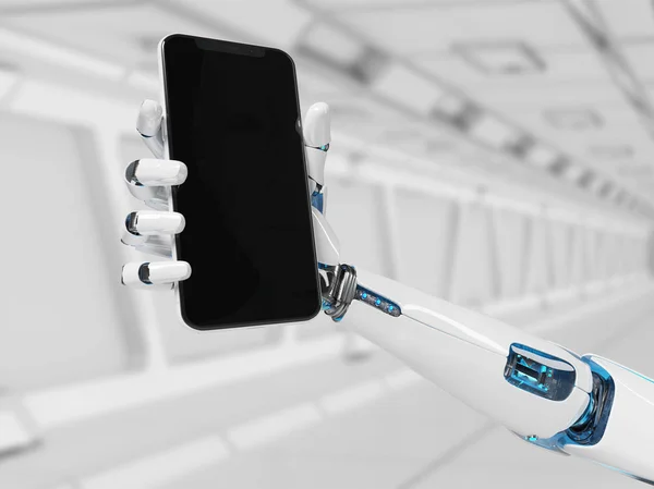 Robot Bianco Mano Tenendo Moderno Smartphone Mockup Sfondo Tecnologico Rendering — Foto Stock