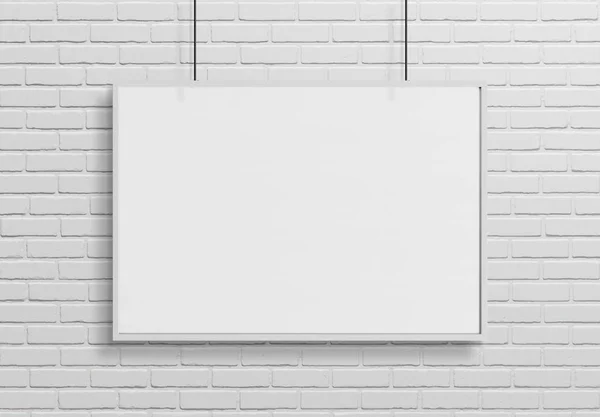 Λευκό Πλαίσιο Κρέμεται Μπροστά Από Ένα Mockup Τοίχο Rendering — Φωτογραφία Αρχείου