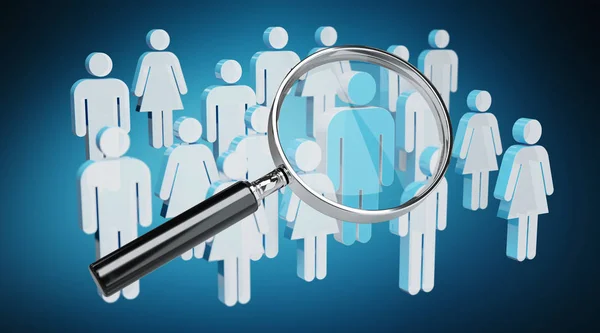 Magnifying glass recruiting people illustration on blue background 3D rendering
