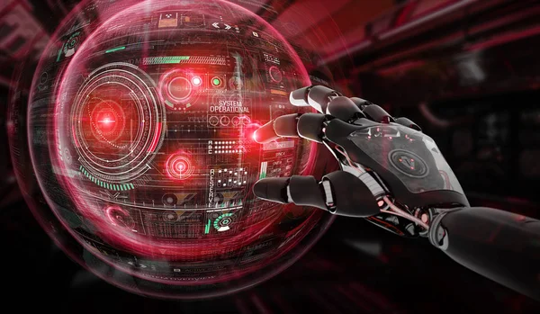 Red robot hacking a globe system interface on dark background 3D rendering