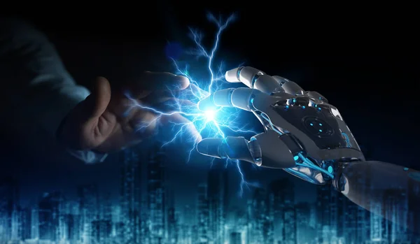 暗い背景 レンダリングに人間の手で電気を作成するロボットハンド — ストック写真