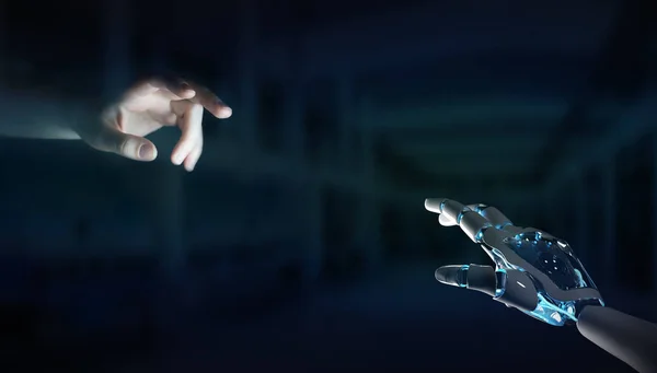 Robot Mână Face Contact Mâna Umană Fundal Întunecat Randare — Fotografie, imagine de stoc