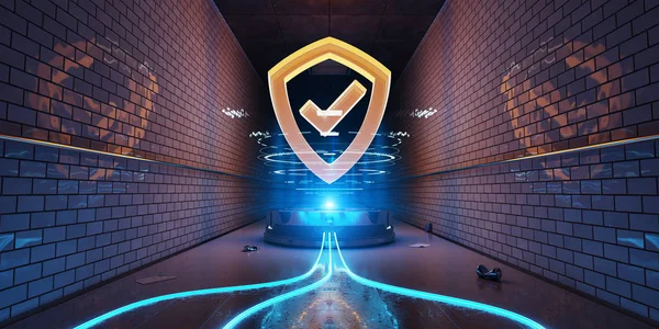 Μπλε Και Πορτοκαλί Υπόγεια Cyber Ολόγραμμα Ασφαλείας Απόδοσης Digital Ασπιδα — Φωτογραφία Αρχείου