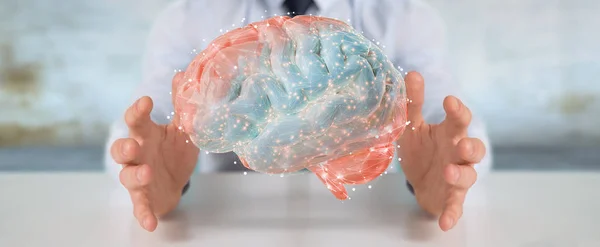 Omul Afaceri Fundal Neclar Folosind Proiecția Digitală Unei Redare Creierului — Fotografie, imagine de stoc