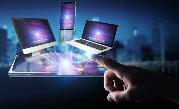 Modern Devices Connected Each Other Businessman Hand Rendering — Stock Photo, Image