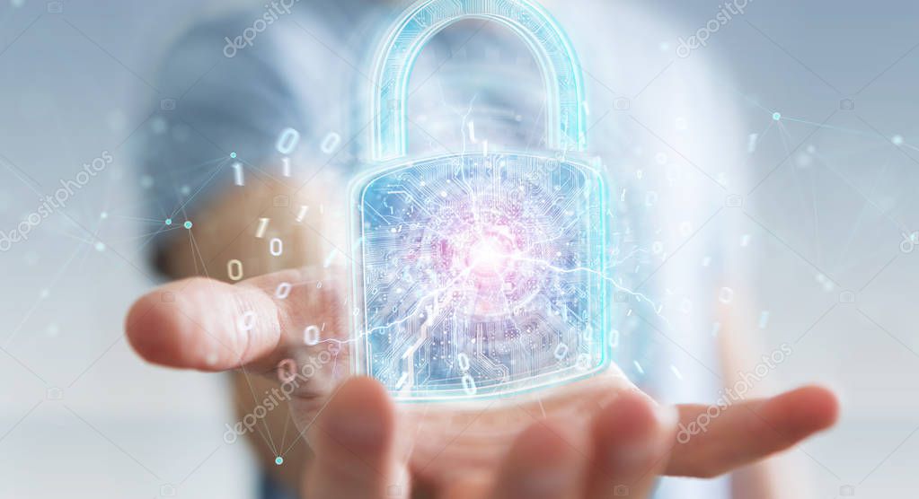 Web security protection interface used by businessman on blurred background 3D rendering