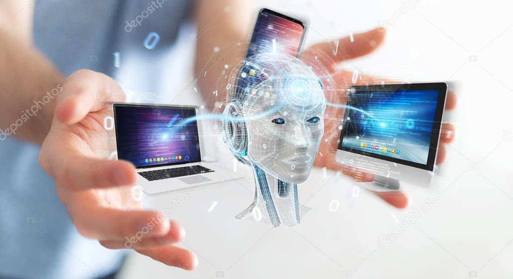 Businessman on blurred background using white humanoid controlling modern devices 3D rendering