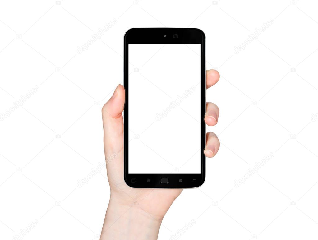 Isolated woman hand holding modern smartphone on white background 3d rendering