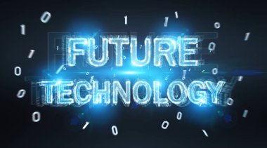 Geleceğin teknolojisi metin hologram mavi gri arka planda 3d render