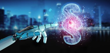 Cyborg Yargıç 3d işleme dijital paragraf hukuk simgesini kullanarak arka plan bulanık üzerinde