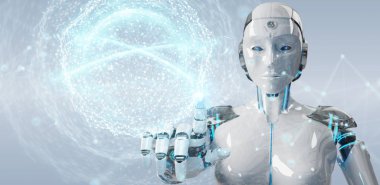 Beyaz kadın insanımsı dijital küresel ağ 3B oluşturmayı kullanarak arka plan bulanık üzerinde