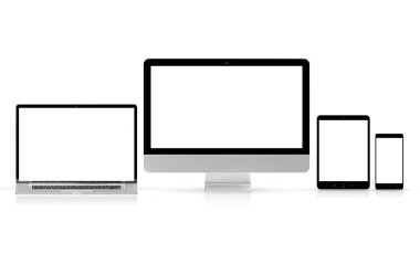 Beyaz arka plan üzerinde 3d render izole Modern teknoloji cihazlar koleksiyonu