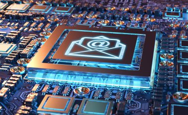 E-posta simgesi ile modern bir Gpu kartı devre görünümünü yakın çekim