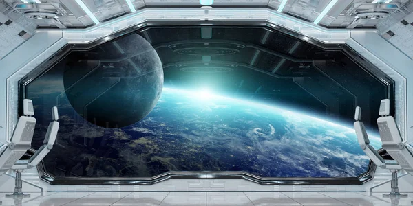 Fehér Tiszta Űrhajó Belseje Kilátással Bolygó Föld Rendering Elemei Ennek — Stock Fotó