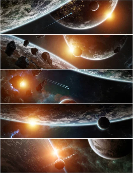 太空中遥远行星系统全景图的收集 Nasa 提供的这幅图像的渲染元素 — 图库照片