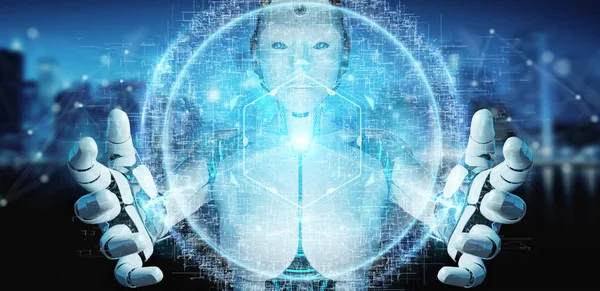 White Cyborg Woman Blurred Background Using Digital Eye Surveillance Hologram — Stock Photo, Image