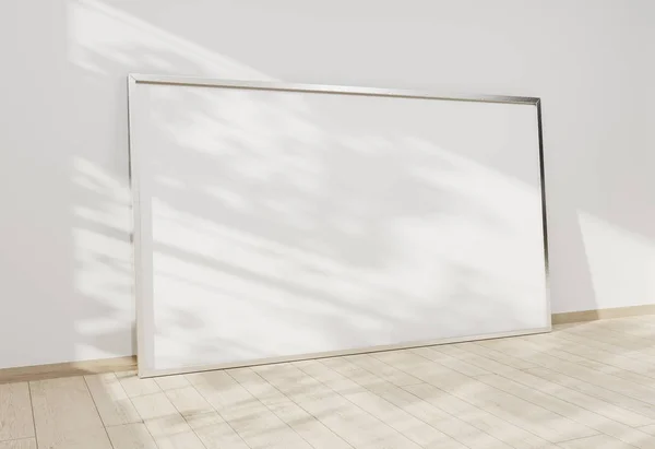 Μεγάλο Οριζόντιο Πλαίσιο Ακουμπά Ένα Λευκό Τοίχο Ξύλινο Εσωτερικό Rendering — Φωτογραφία Αρχείου