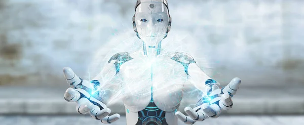 Mujer Blanca Humanoide Sobre Fondo Borroso Creando Inteligencia Artificial Renderizado — Foto de Stock