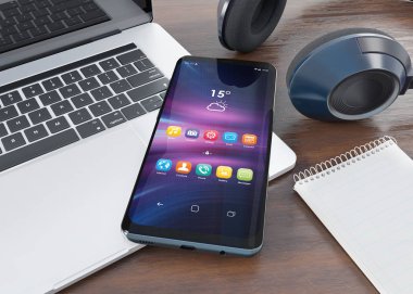 Modern smartphone ahşap masaüstü mockup 3d render döşeme