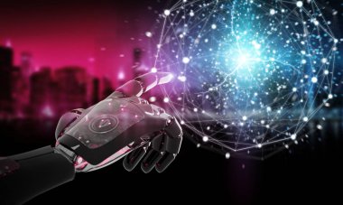 Kırmızı robot bir dijital dünya sistemi 3d render koyu arka plan üzerinde kesmek