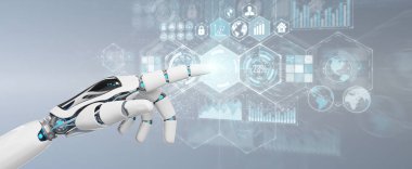 Beyaz cyborg el dijital veriler arabirimi 3d rendering kullanarak arka plan bulanık üzerinde