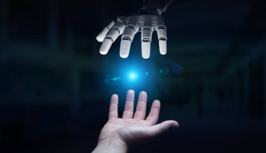 Robot el temas koyu arka plan 3d render üzerinde insan eli ile