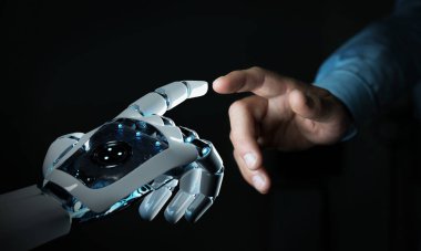 Robot el temas koyu arka plan 3d render üzerinde insan eli ile