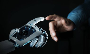 Robot hand making contact with human hand on dark background 3D rendering clipart