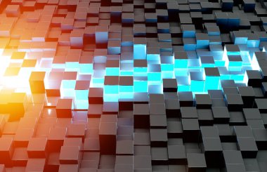 Parlak mavi ve pembe soyut kareler arkaplan deseni 3D görüntüleme