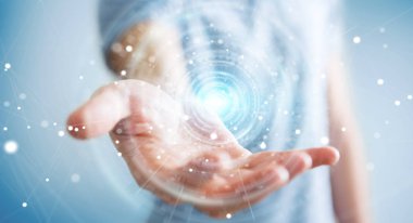 Dijital Ağ Bağlantısı arabirimi 3d rendering kullanarak arka plan bulanık üzerinde işadamı