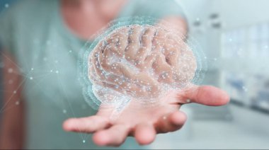 İşkadını Dijital 3d projeksiyon insan beyninin 3B oluşturmayı kullanarak arka plan bulanık üzerinde