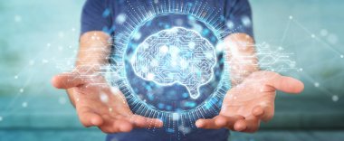 İşadamı dijital yapay zeka simgesi hologram 3B oluşturmayı kullanarak arka plan bulanık üzerinde