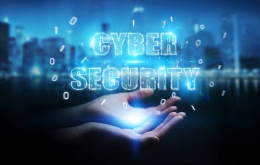 İşkadını siber güvenlik metin hologram 3B oluşturmayı kullanarak arka plan bulanık üzerinde