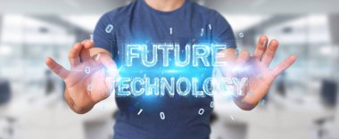 Geleceğin teknolojisi metin arabirimi 3d rendering kullanarak arka plan bulanık üzerinde işadamı